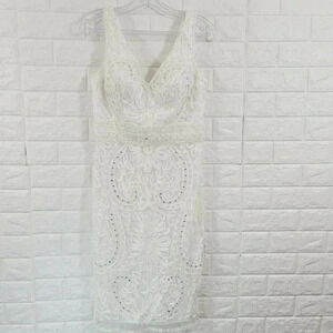 Social Occasion by Mon Cheri Women's Sequin Beaded Cocktail Formal Dress White